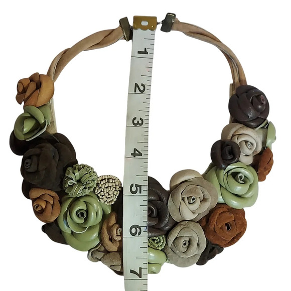 Artisan Leather Suede Floral Choker Green Brown Tan Flowers Magnetic Closure - Picture 8 of 14